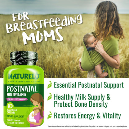 NATURELO Postnatal Multivitamin - Supplement for Breastfeeding Women - Plant-Based Vitamin D, Folate, Gentle Iron - for Nursing Mother, Baby - Post Natal Lactation Support 180 Capsules