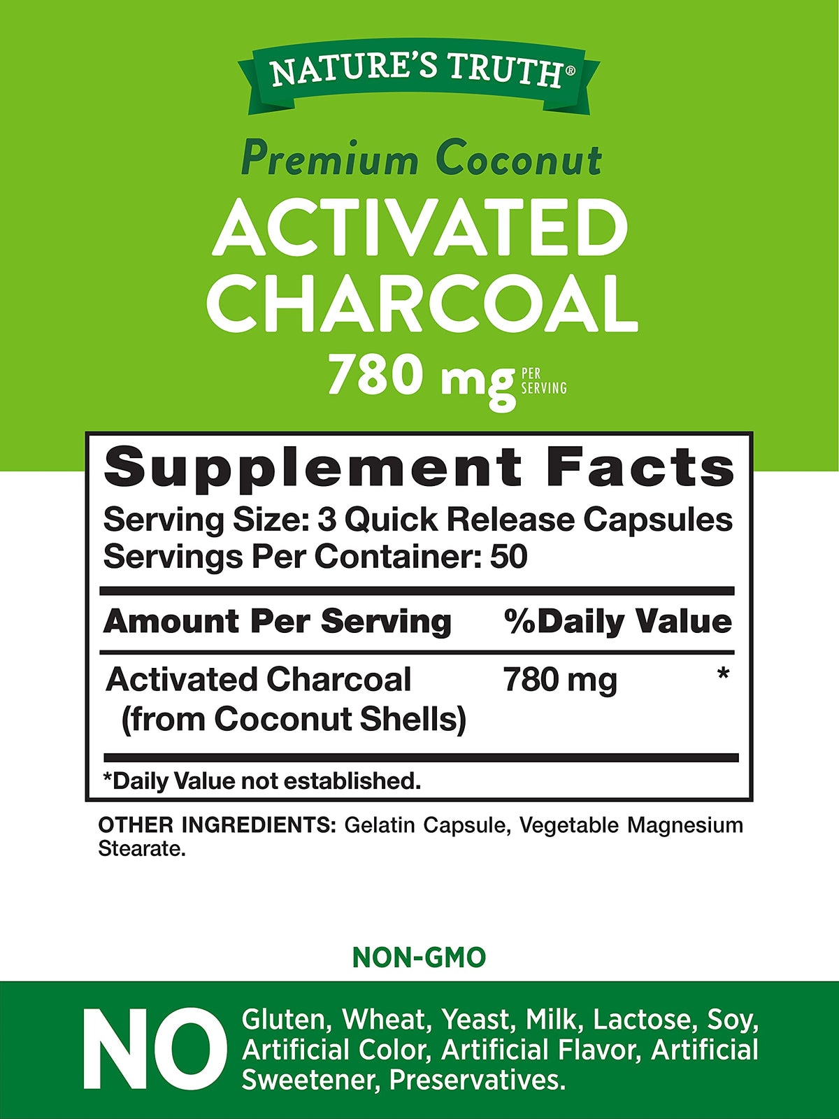 Nature's Truth Activated Charcoal Capsules 780mg | 150 Pills | Value Size | Non-GMO