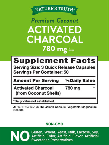 Nature's Truth Activated Charcoal Capsules 780mg | 150 Pills | Value Size | Non-GMO