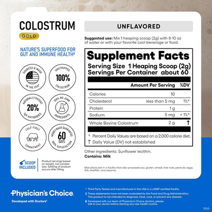 Physician's CHOICE Colostrum Gold Powder - First-Day Milking for Gut & Immune Support - Potent IgG Antibodies & Bioactive Nutrients - Whole & Unstripped - Easy to Mix - Made in the USA - 60 Servings
