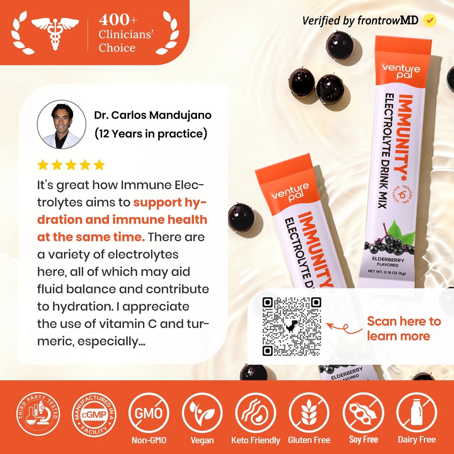 Venture Pal Sugar Free Hydration Packets+Immune-Liquid Daily IV Drink Mix | Electrolyte Powder with 7 Electrolytes & 6 Vitamins, Probiotics + Elderberry | Non-GMO, Keto Friendly, Vegan | 16 Sticks
