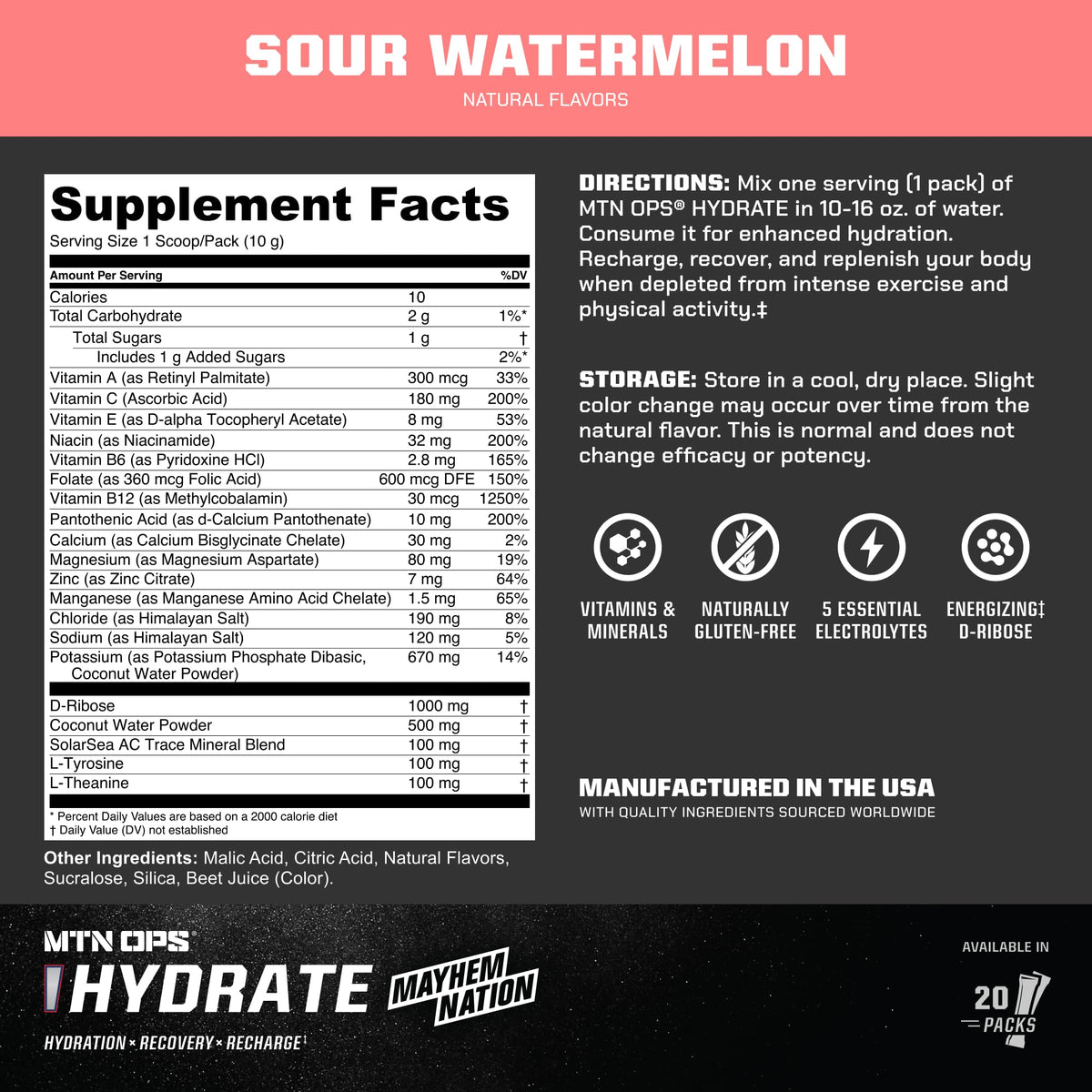 MTN OPS Hydrate Sugar Free Electrolyte Packets, Mango Peach
