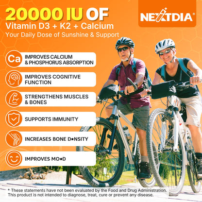 Vitamin D3 20,000 IU + K2 Vitamin (MK4 & MK7) 200mcg + Calcium Citrate, Optimal Vitamin D3 K2 Softgel - Strong Bone & Muscle, Calcium Absorption, Helping Vitamin D Deficiencies, Easy to Swallow, 2Pack
