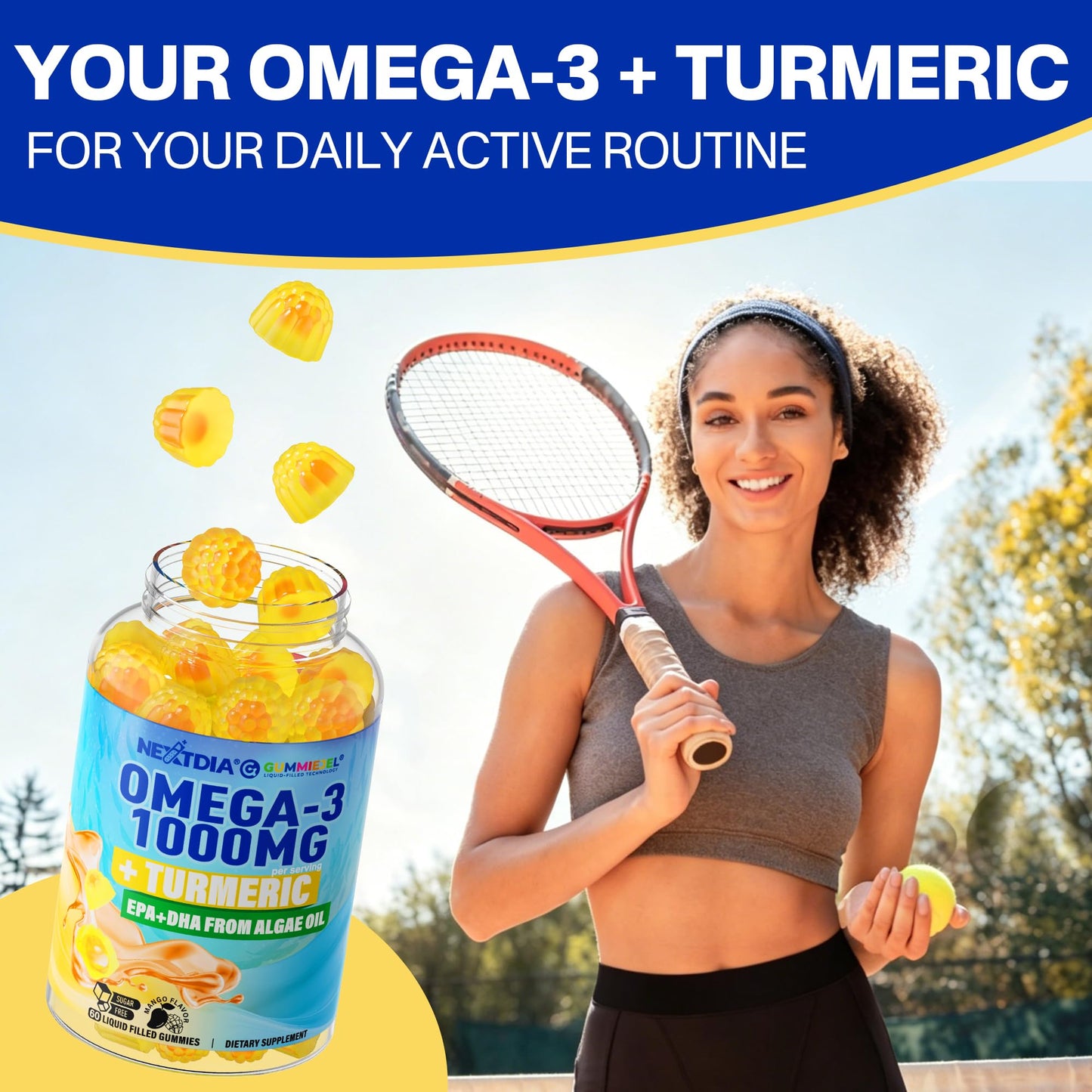 Omega-3 Gummies + Turmeric - Omega 3 Fish Oil Alternative for Adults - Algae DHA 600mg & EPA 300mg, Vitamins A, C, E, Zinc & MSM, Sugar Free, 60 Cts