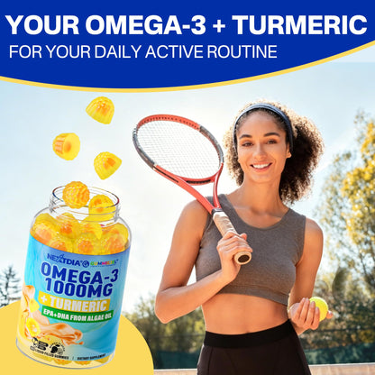 Omega-3 Gummies + Turmeric - Omega 3 Fish Oil Alternative for Adults - Algae DHA 600mg & EPA 300mg, Vitamins A, C, E, Zinc & MSM, Sugar Free, 60 Cts