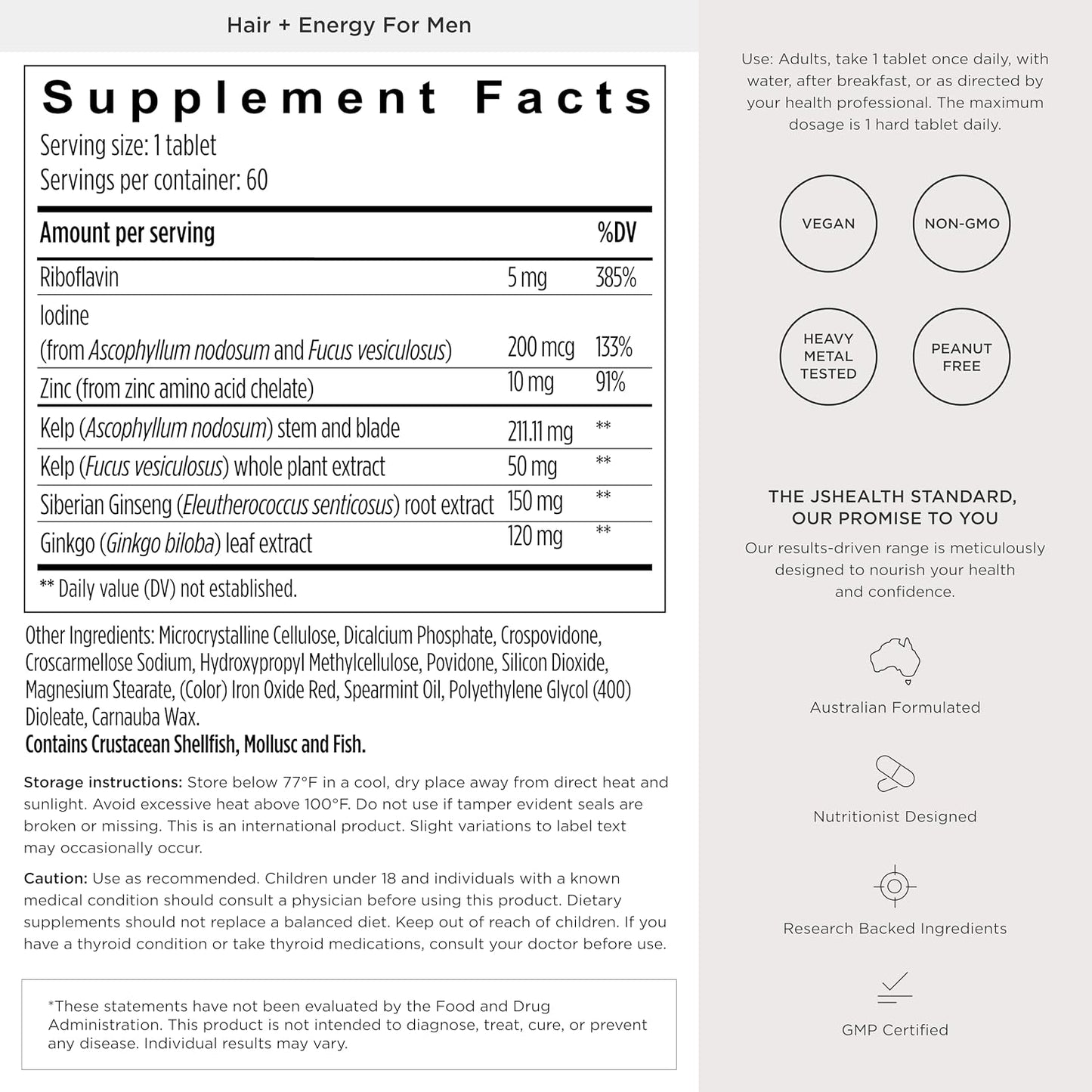 JSHealth Hair Growth Supplement for Men Nutritionist Formulated - 60 Count | Made with Kelp Iodine, Zinc, Siberian Ginseng, Ginkgo. Supports Hair, Healthy Hormone Levels, Energy, Stamina