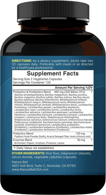 NatureBell Probiotic 200 Billion CFU – 40 Strains Per Serving | 240 Veggie Capsules with Prebiotics and Probiotics – Full Spectrum Complex with Enzymes – Daily Probiotics for Women & Men