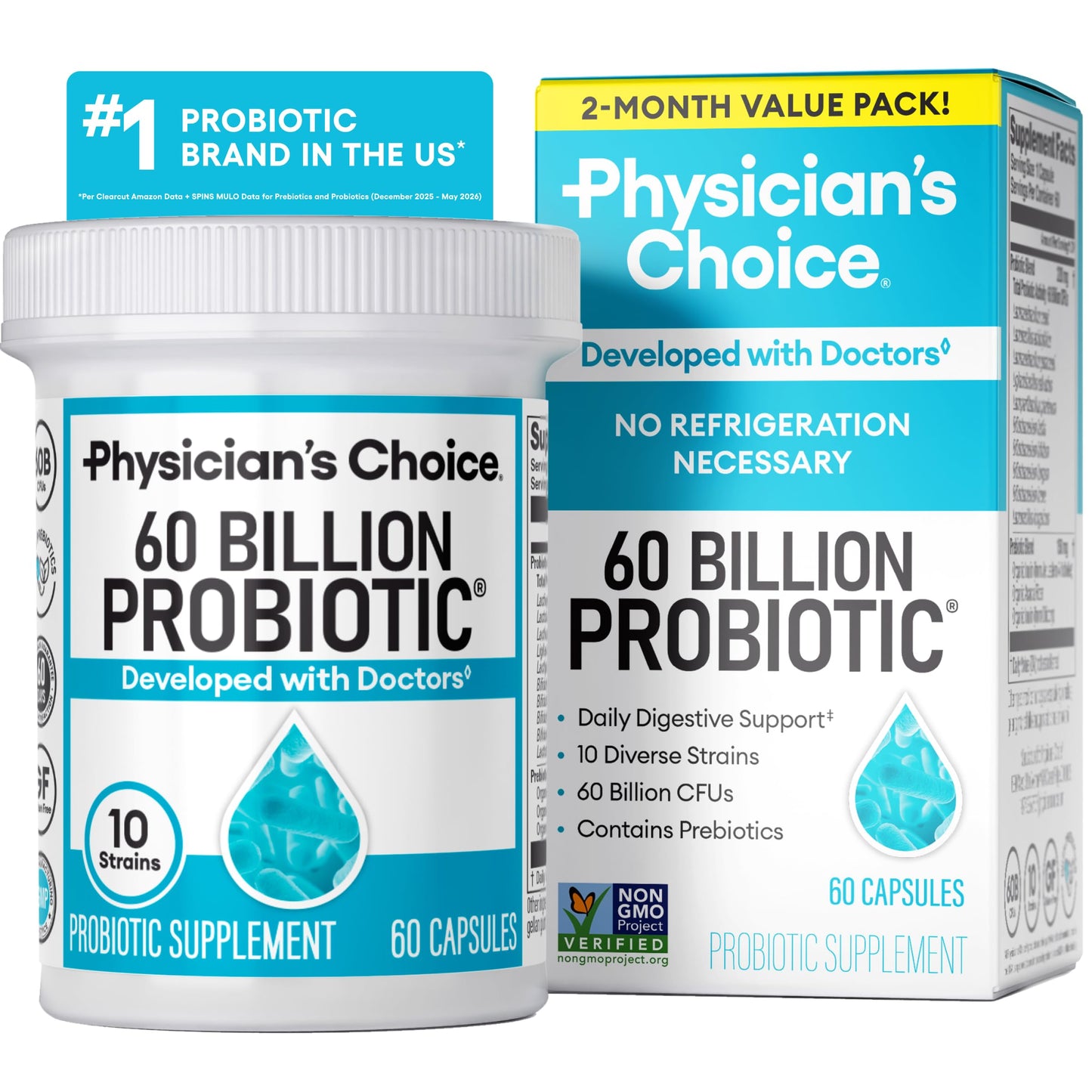 Physician's CHOICE Probiotics 60 Billion CFU - 10 Strains + Organic Prebiotics - Immune, Digestive & Gut Health - Supports Occasional Constipation, Diarrhea, Gas & Bloating - for Women & Men - 30ct