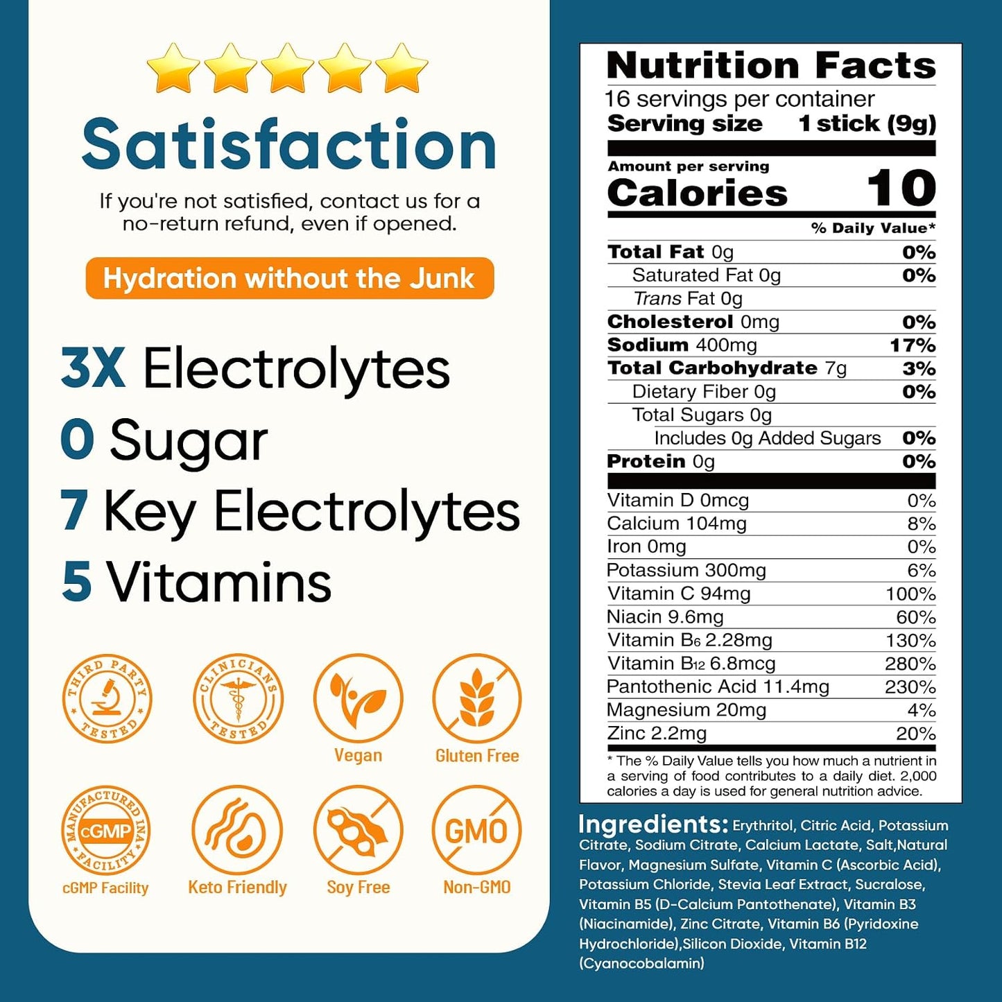 Venture Pal Sugar Free Electrolyte Powder Packets - Liquid Daily IV Drink Mix for Rapid Hydration & Party Recovery | 5 Vitamins & 7 Electrolytes| Keto Friendly | Non-GMO | Certified Vegan | 16 Sticks