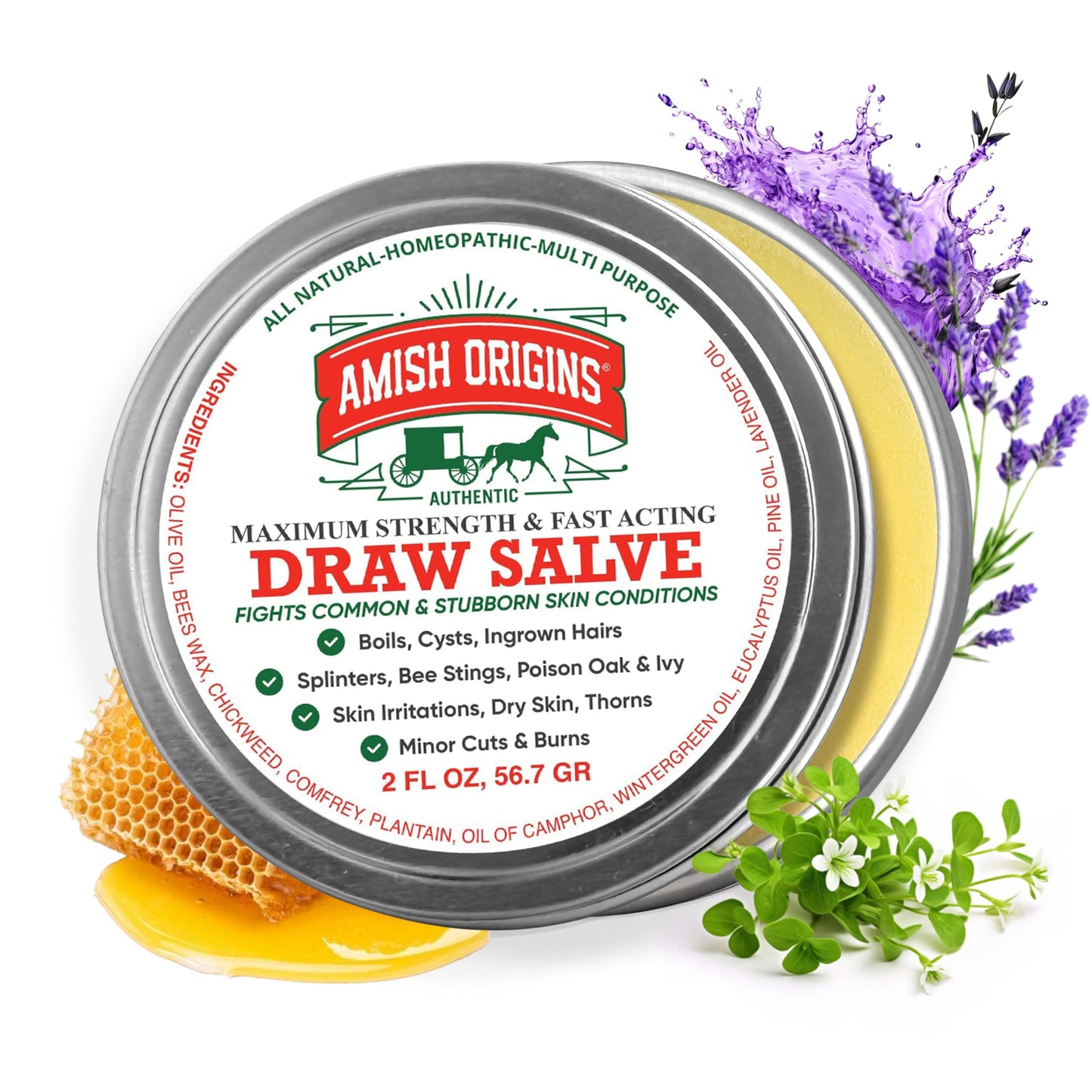 Amish Origins Drawing Salve Ointment for Boil Treatment, Maximum Strength Fast Acting Draw Salve for Splinters, Bee Stings, Anti Itch Cream, Poison Ivy Oak Relief, 2 oz