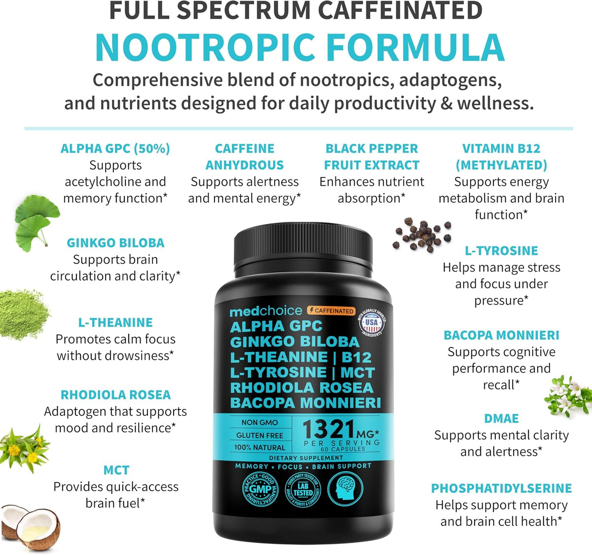 MEDCHOICE 12-in-1 Nootropic Brain Supplement with Caffeine, 60ct