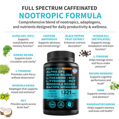 MEDCHOICE 12-in-1 Nootropic Brain Supplement with Caffeine, 60ct