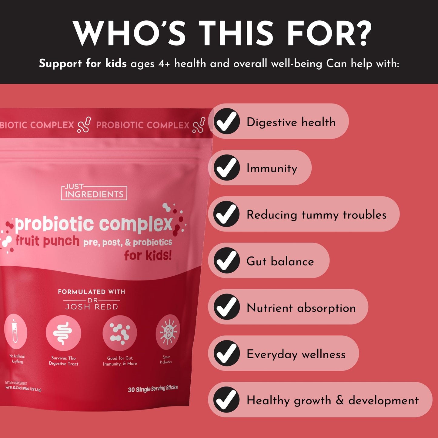 JUST INGREDIENTS Elderberry Lemonade 3-in-1 Probiotic Complex - Prebiotics, Probiotics & Postbiotics - 30 Sticks
