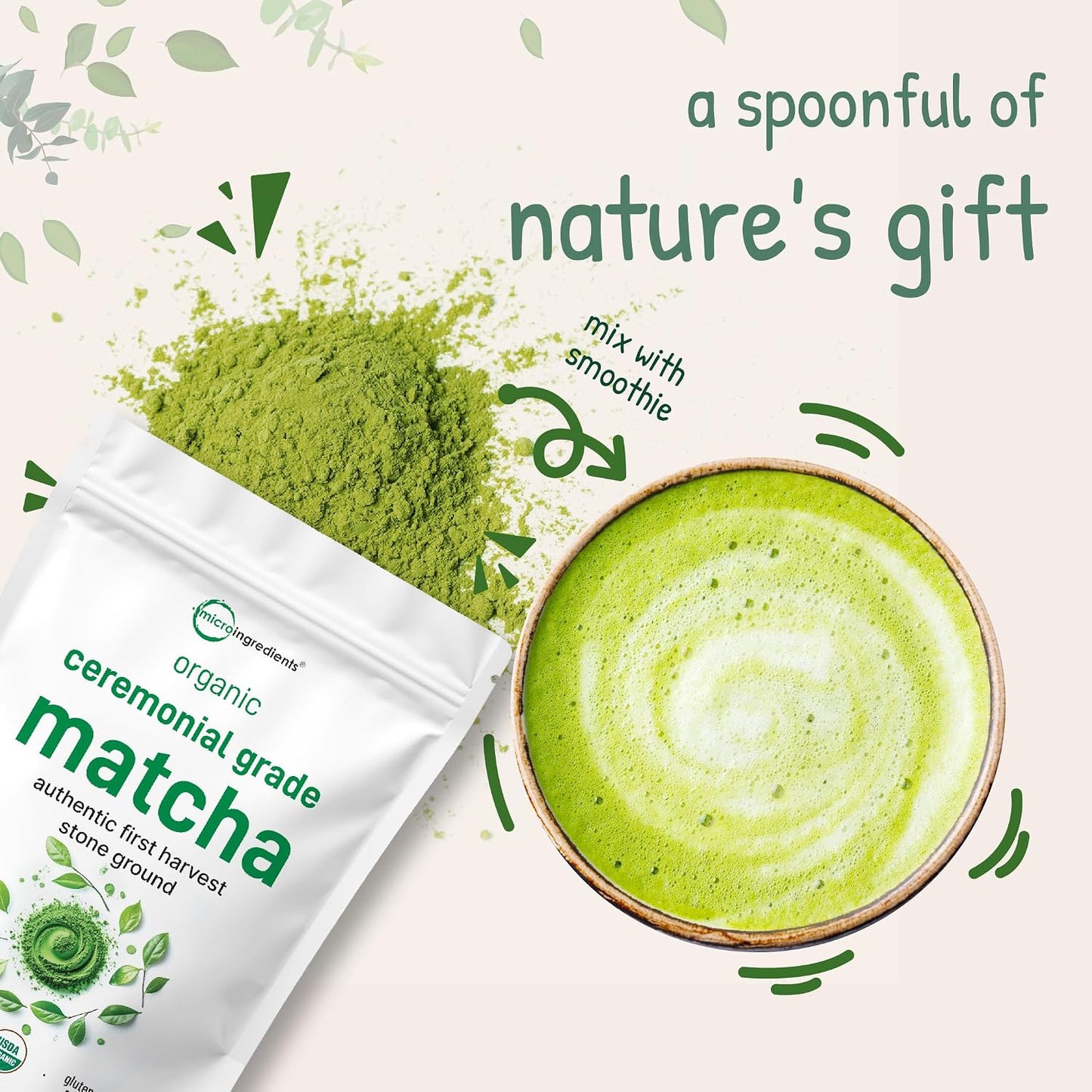 Micro Ingredients Organic Ceremonial Grade Matcha Powder, 100 Servings | Authentic Japanese First Harvest Matcha Green Tea Powder For Barista-Grade Latte, Beverage & Baking