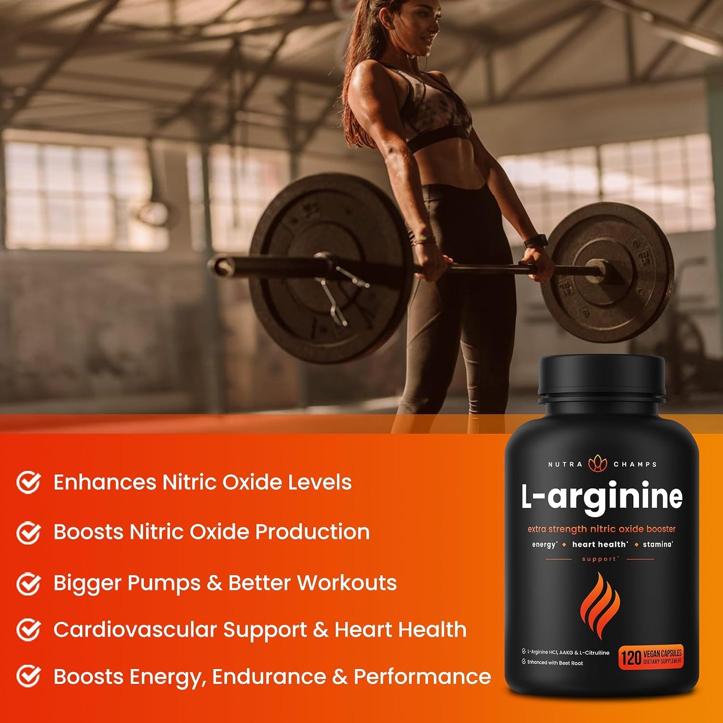 NutraChamps L-Arginine Supplement 1000mg + L-Citrulline 250mg & Beet Root – Nitric Oxide Booster for Heart Health, Energy & Stamina – Extra Strength Amino Acid Complex – 120 Vegan Capsules