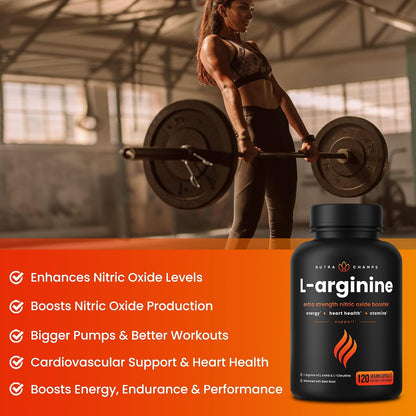 NutraChamps L-Arginine Supplement 1000mg + L-Citrulline 250mg & Beet Root – Nitric Oxide Booster for Heart Health, Energy & Stamina – Extra Strength Amino Acid Complex – 120 Vegan Capsules