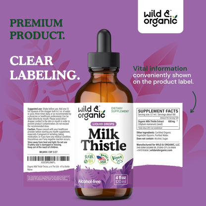 Wild & Organic Milk Thistle Liquid Drops - Liver Cleanse Detox - Silymarin Milk Thistle Supplement for Liver Support - Add to Tea - Silybum Marianum Seed Extract Tincture - Sugar & Alcohol-Free - 4 oz