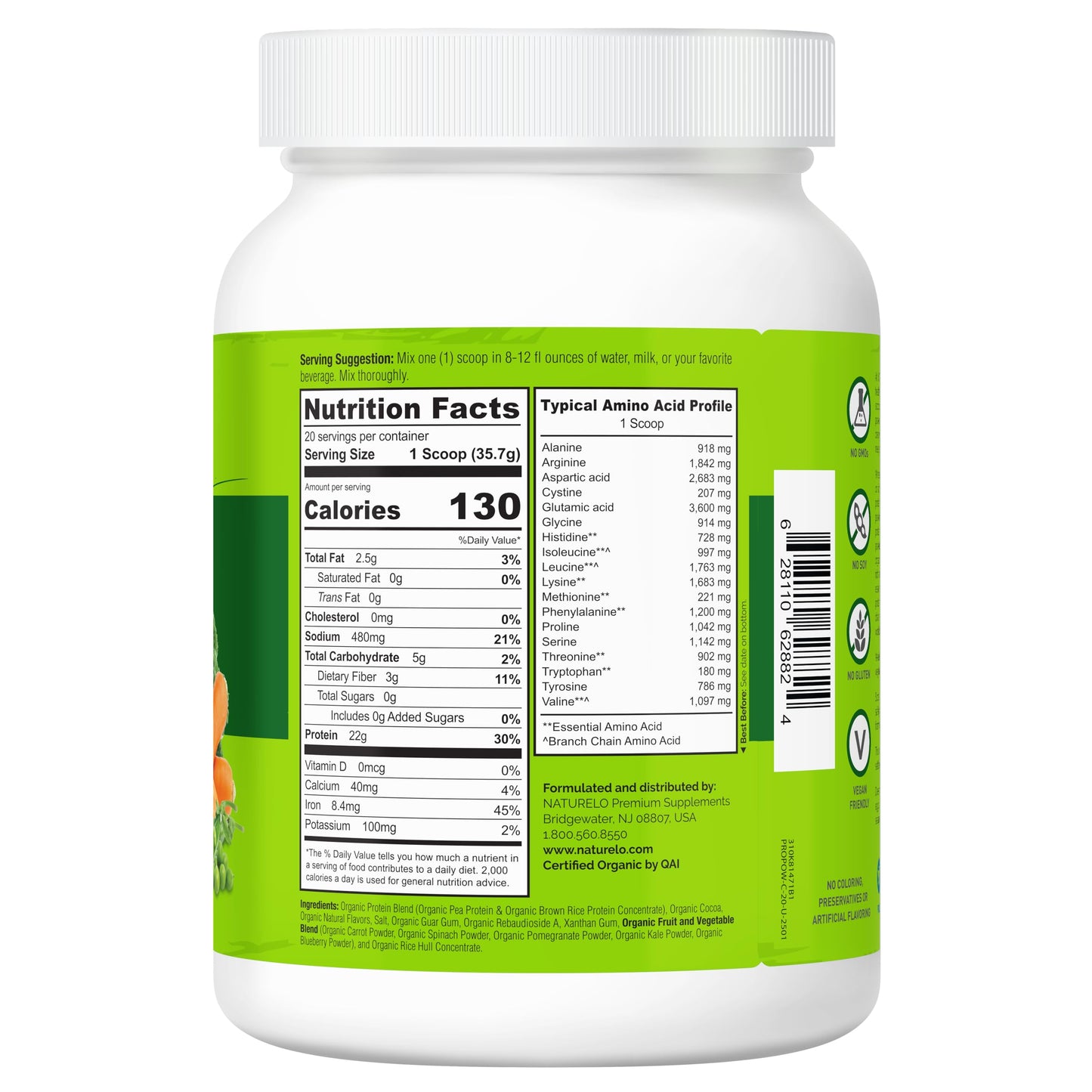 NATURELO Plant Protein Powder, Vanilla, 22g Protein - Non-GMO, Vegan, No Gluten, Dairy, or Soy - No Artificial Flavors, Synthetic Coloring, Preservatives, or Additives - 20 Servings