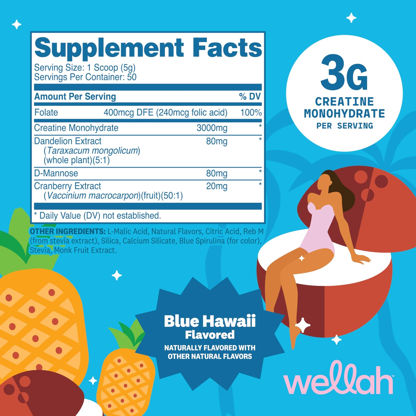 Wellah Creatine for Women - Creatine Monohydrate with Dandelion & Cranberry Extract (50 Servings, Strawberry Lemonade) | Creatine Monohydrate with Dandelion & Cranberry Extract