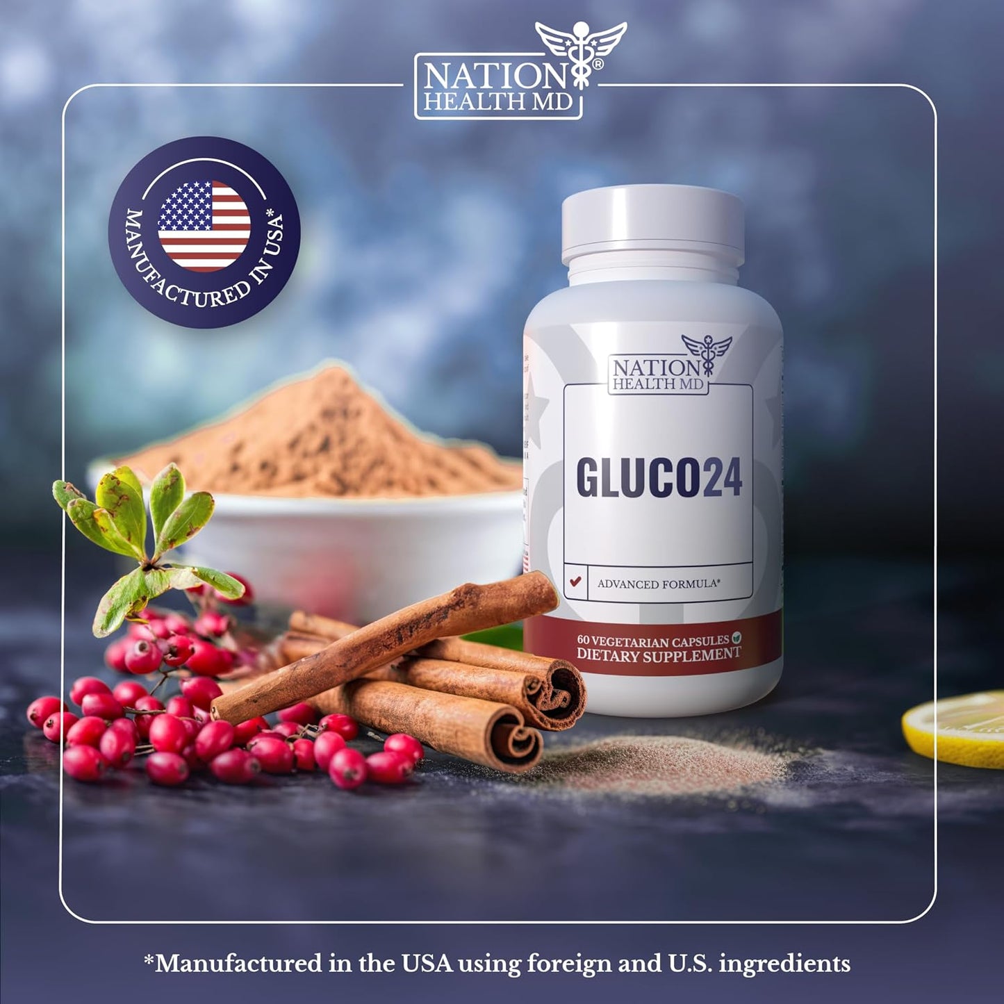Gluco24 | Supplements with Berberine, Ceylon Cinnamon | Bitter Melon, Vegan, Non GMO. 30 Days Supply. 60 Capsules