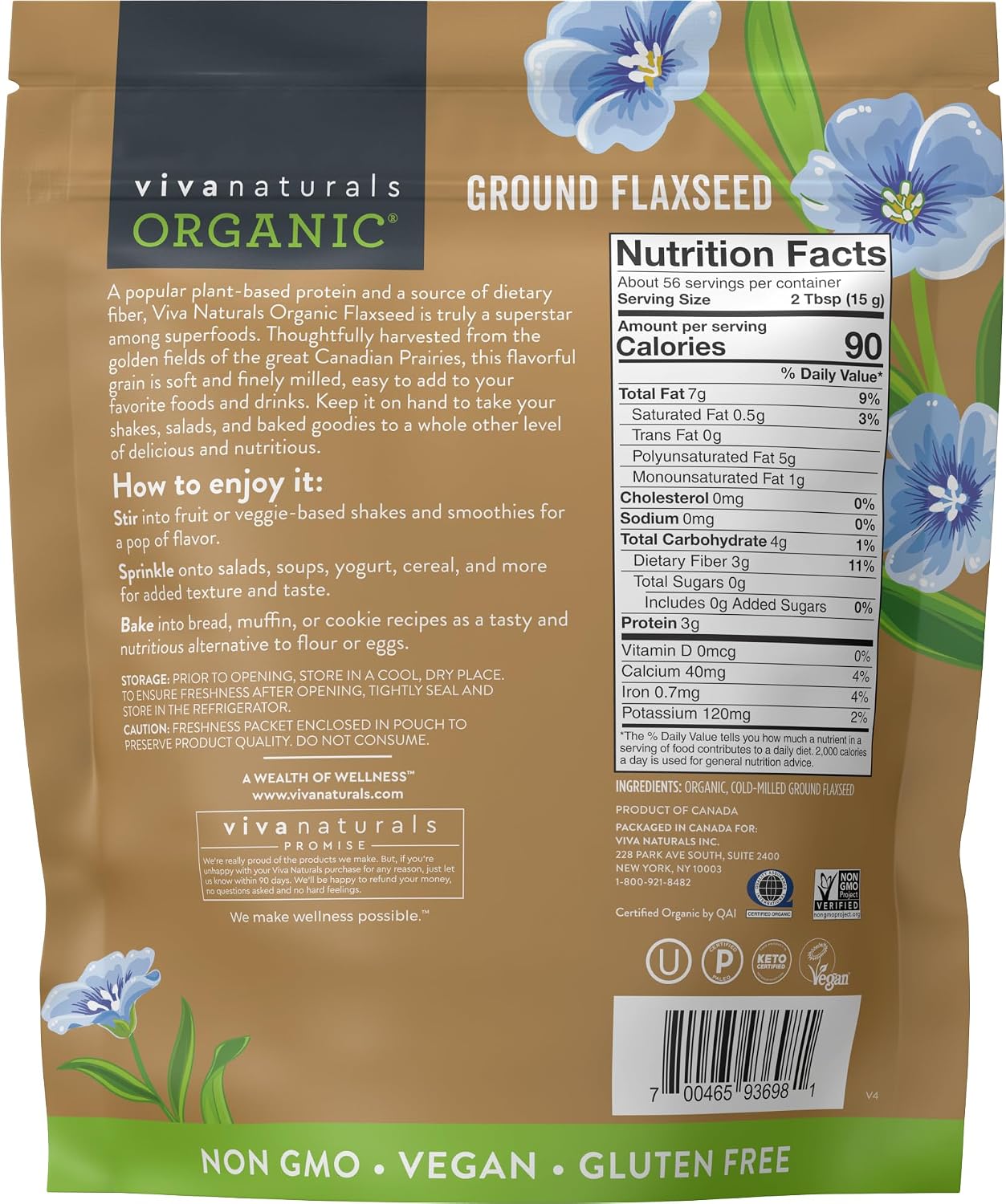 Viva Naturals Organic Ground Flaxseed - Premium Quality Plant-Based Protein and Vegan Omega 3 with Fiber, Perfect for Smoothies, Finely Milled Flaxseed 30 oz (850 g)