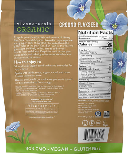 Viva Naturals Organic Ground Flaxseed - Premium Quality Plant-Based Protein and Vegan Omega 3 with Fiber, Perfect for Smoothies, Finely Milled Flaxseed 30 oz (850 g)