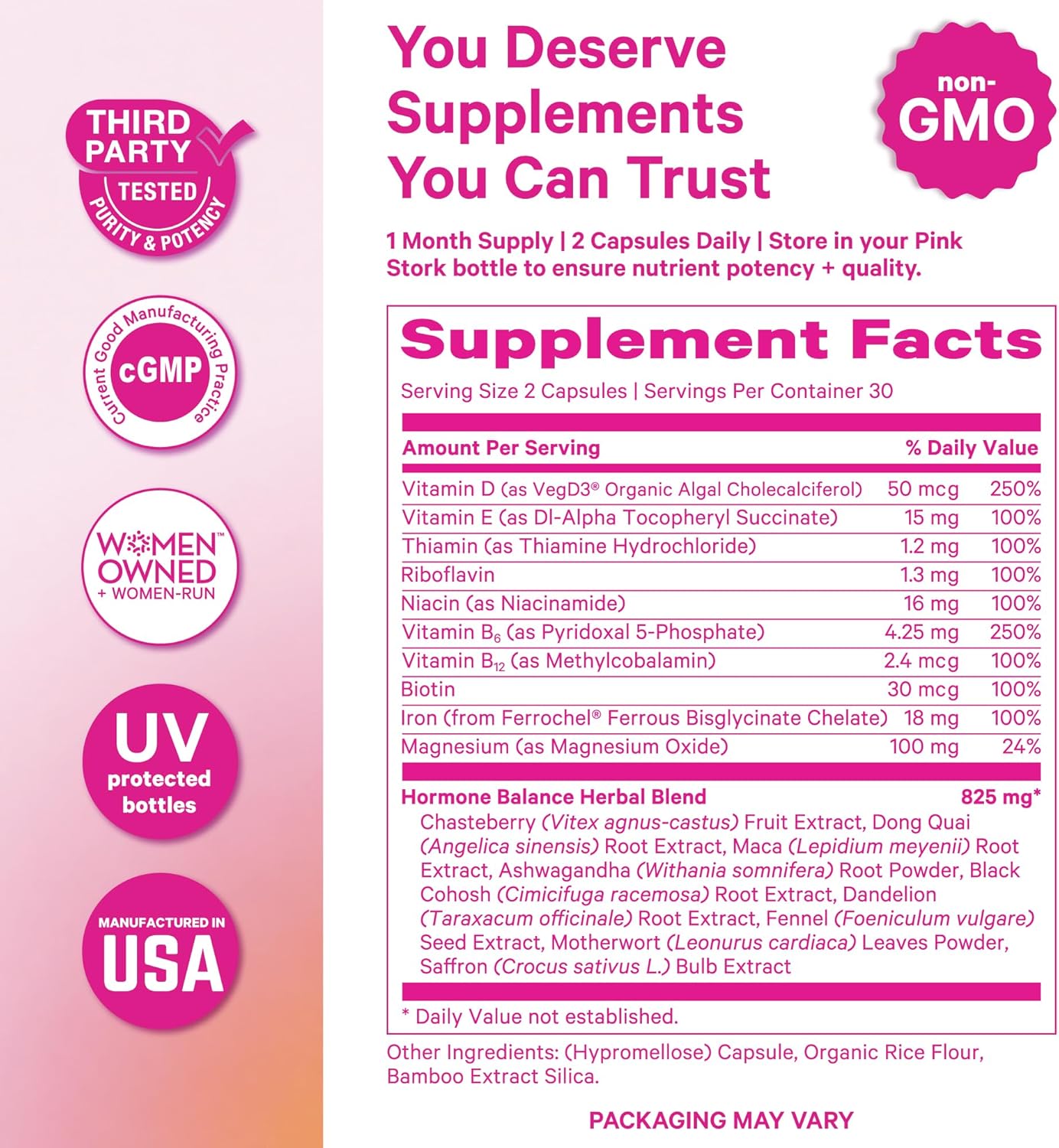 Pink Stork Hormone Balance Multivitamin for Women, 60 Vegan Capsules | 18-in-1 Vitex, Saffron, Ashwagandha, Magnesium | Mood, Energy, Cortisol, Adrenal Support | PMS, Perimenopause Support