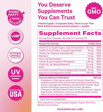 Pink Stork Hormone Balance Multivitamin for Women, 60 Vegan Capsules | 18-in-1 Vitex, Saffron, Ashwagandha, Magnesium | Mood, Energy, Cortisol, Adrenal Support | PMS, Perimenopause Support