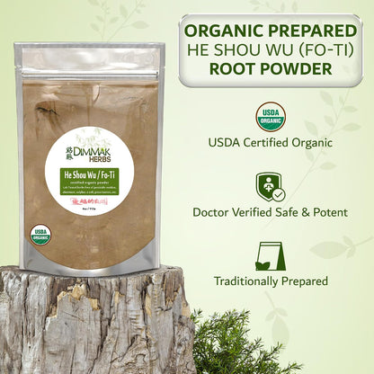 Organic Prepared He Shou Wu Powder (Fo-Ti Root)- Traditional Black Bean Cured Tonic for Hair Thickness, Graying & Jing Vitality- Polygonum Multiflorum Safe & Potent (4oz)