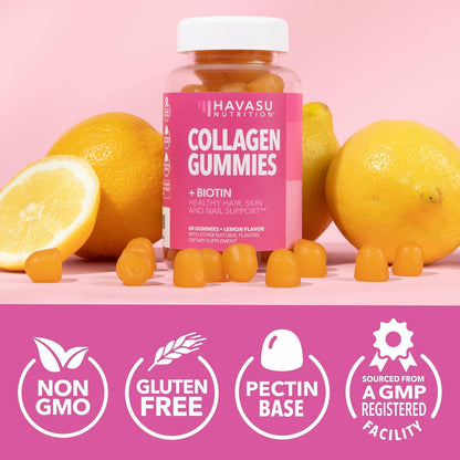 Collagen Gummies With 2500 mcg Biotin, Hair Skin & Nail Support, Lemon | For Women & Men with Biotin, Zinc, Vitamin C & E, Hydrolyzed Collagen, Lemon Flavor, 30 Servings, Hair, Skin & Nail Support