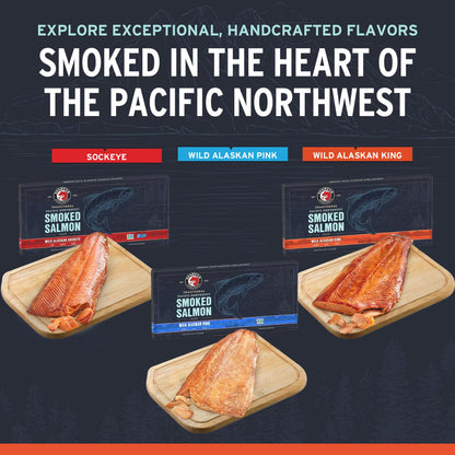 SeaBear Smoked Salmon Trio 18oz (3 x 6oz) Fillets Gift Box – Wild Alaska Sockeye, Wild Pink & Coho Fillets, Shelf Stable, Ready to Eat, 18 Ounce (3 x 6 Ounce) Filets