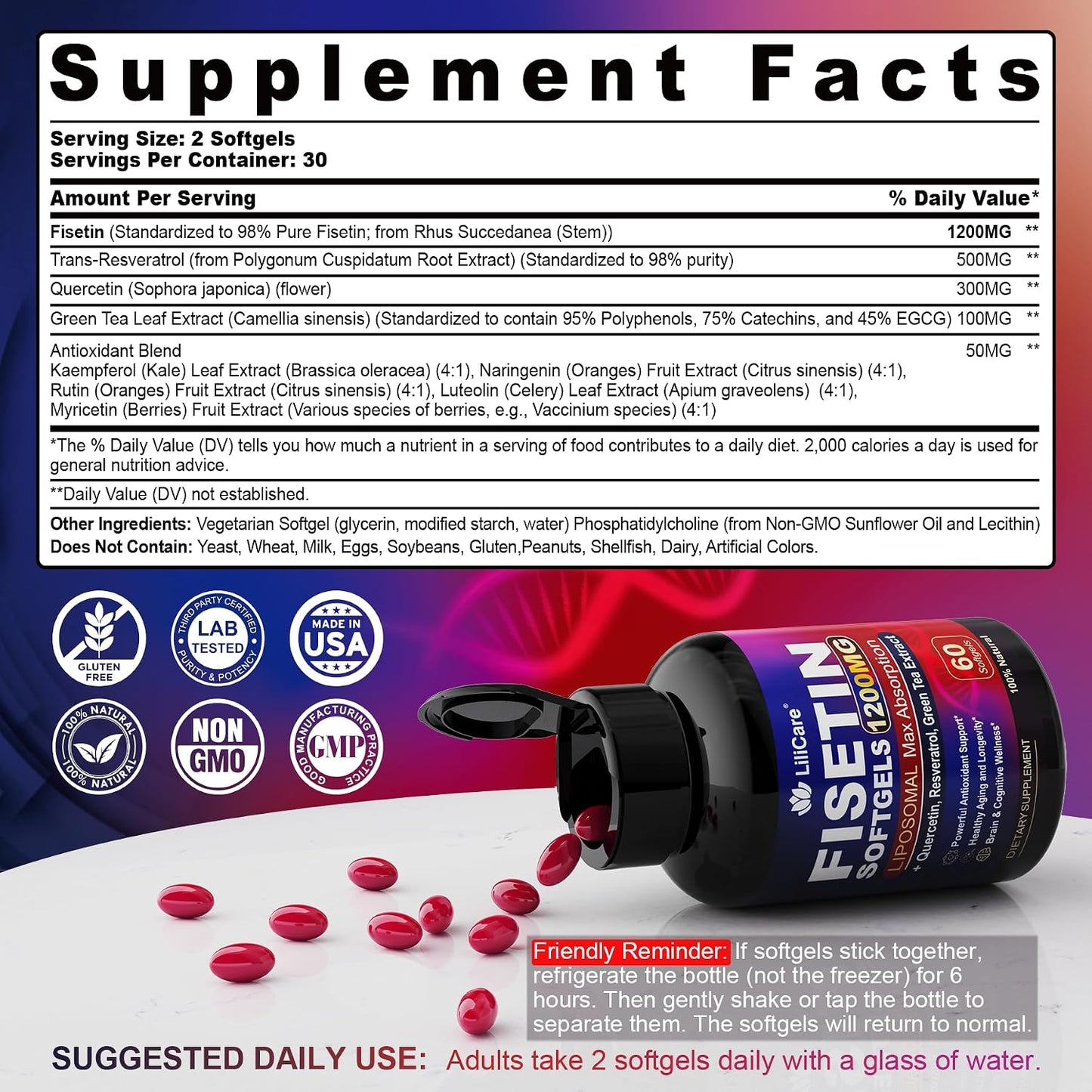 LILICARE Fisetin Supplement - Liposomal Super Absorption 98% Pure 1200mg with Quercetin, Resveratrol, Green Tea Extract for Healthy Aging & Longevity, Skin Health, Brain & Antioxidant - 60 Softgels