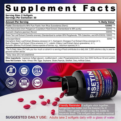 LILICARE Fisetin Supplement - Liposomal Super Absorption 98% Pure 1200mg with Quercetin, Resveratrol, Green Tea Extract for Healthy Aging & Longevity, Skin Health, Brain & Antioxidant - 60 Softgels