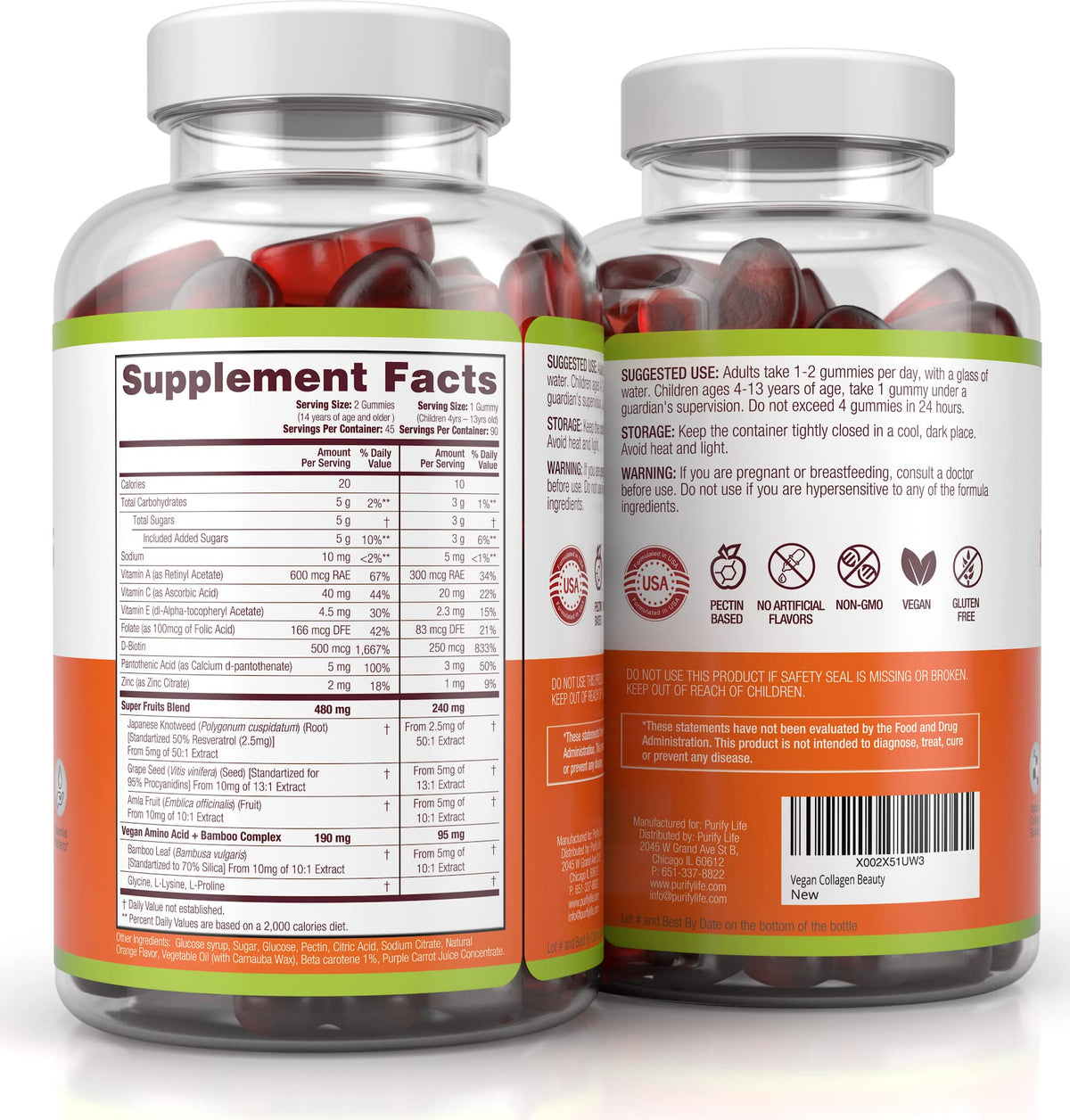 Purify Life Vegan Collagen Gummies with Biotin Vitamins for Hair Skin and Nails Health,