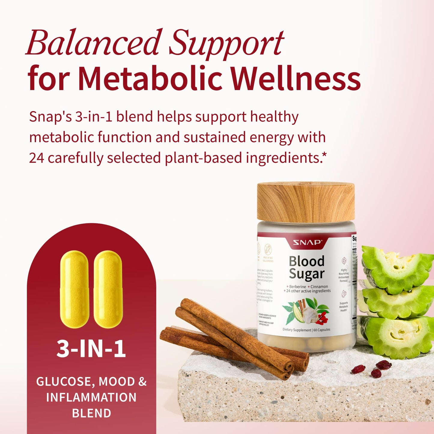 Snap Supplements Blood Sugar Blend with Berberine, CoQ10, 60 Vegan Capsules | Support Already Healthy Blood Sugar, Metabolic Health and Energy, Sugar Free, with CoQ10, Cinnamon (Packaging May Vary)