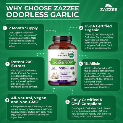 Zazzee USDA Organic Odorless Garlic 20:1 Extract, 1% Allicin, 100 Vegan Capsules, 3+ Month Supply, Allium Sativum, Immune, Circulation & Heart Health Support, All-Natural, Non-GMO, Made in the USA