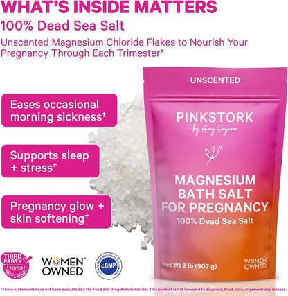 Pink Stork Pregnancy Bath Soak with Pure Magnesium Flakes, Unscented, 2 lb | 100% Dead Sea Salt, Support Pregnancy Comfort, Ease Feelings of Stress, Clean, Fragrance-Free