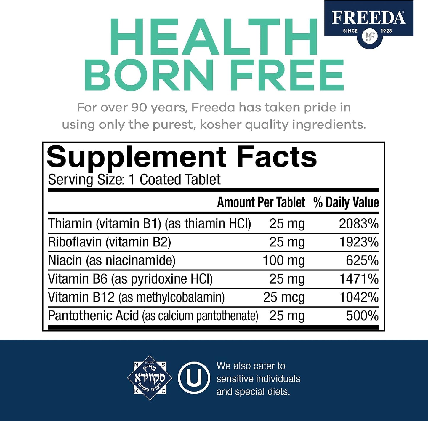 FREEDA Super B-Complex Vitamin Supplement – No Folic Acid or PABA, 100ct | Supports Energy, Metabolism, & Cellular Function – Balanced B Vitamins for Men & Women – Kosher, Vegan, Gluten-Free, USA Made