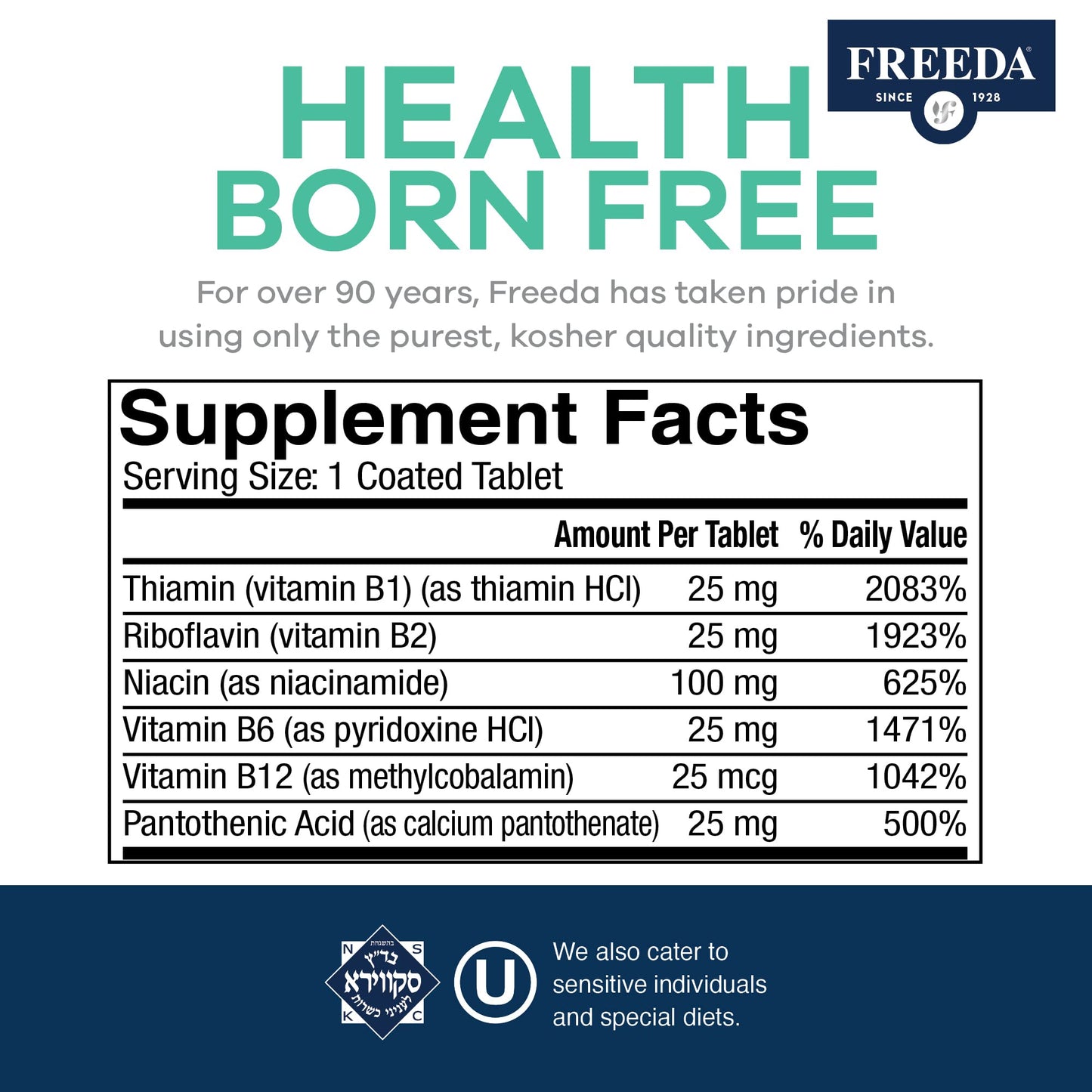 FREEDA Super B-Complex Vitamin Supplement – No Folic Acid or PABA, 100ct | Supports Energy, Metabolism, & Cellular Function – Balanced B Vitamins for Men & Women – Kosher, Vegan, Gluten-Free, USA Made