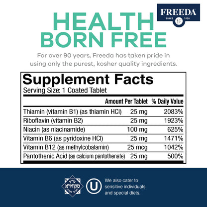 FREEDA Super B-Complex Vitamin Supplement – No Folic Acid or PABA, 100ct | Supports Energy, Metabolism, & Cellular Function – Balanced B Vitamins for Men & Women – Kosher, Vegan, Gluten-Free, USA Made