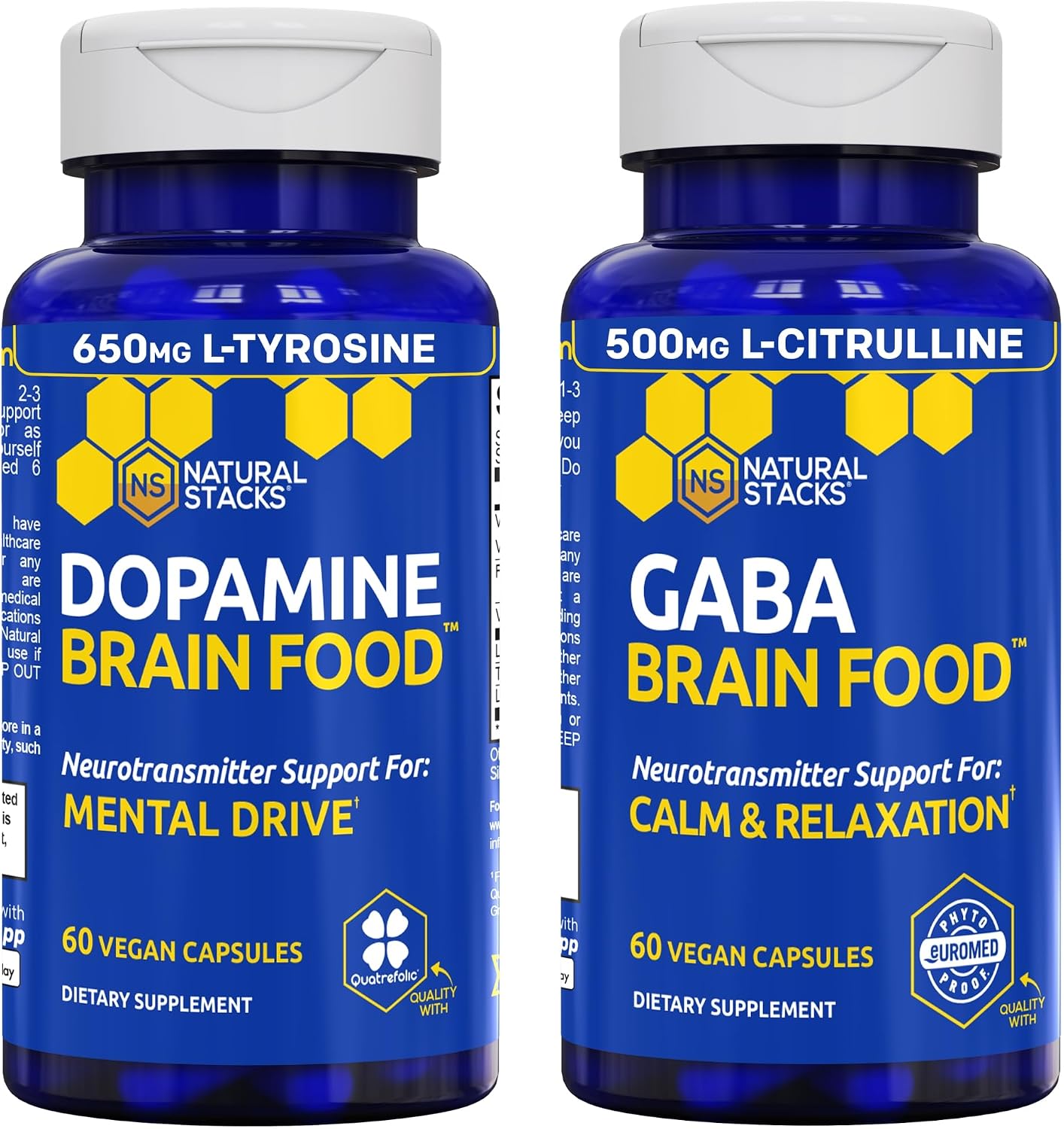 NATURAL STACKS Dopamine & GABA Brain Food Bundle - Supports Mental Drive, Calmness & Relaxation* - 120 Total Capsules