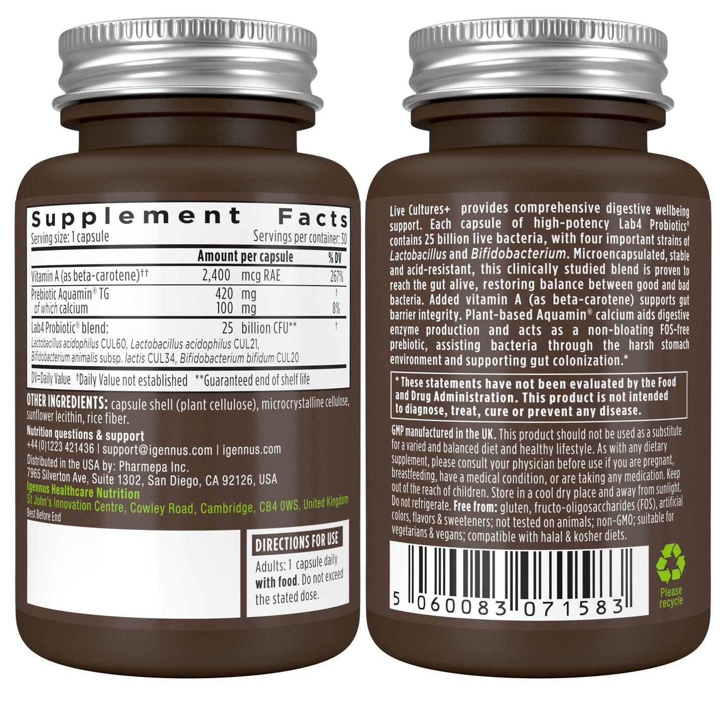 Igennus Live Cultures+ Lab4, Lactobacillus Acidophilus & Bifidobacterium | Lactis & Bifidum, 2 in 1 Probiotics & Prebiotic, 25 Billion CFU, Gut Health Support, Non-Bloating, Non-GMO, 30 Capsules