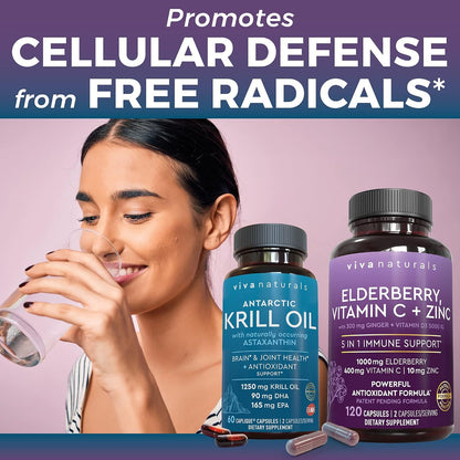 Viva Naturals Antarctic Krill Oil and Elderberry, Vitamin C, Zinc and Vitamin D3 5000 IU Bundle, 1250 mg of Krill Oil Providing Omega 3 EPA and DHA for Joint Health, Elderberry for Immune Support