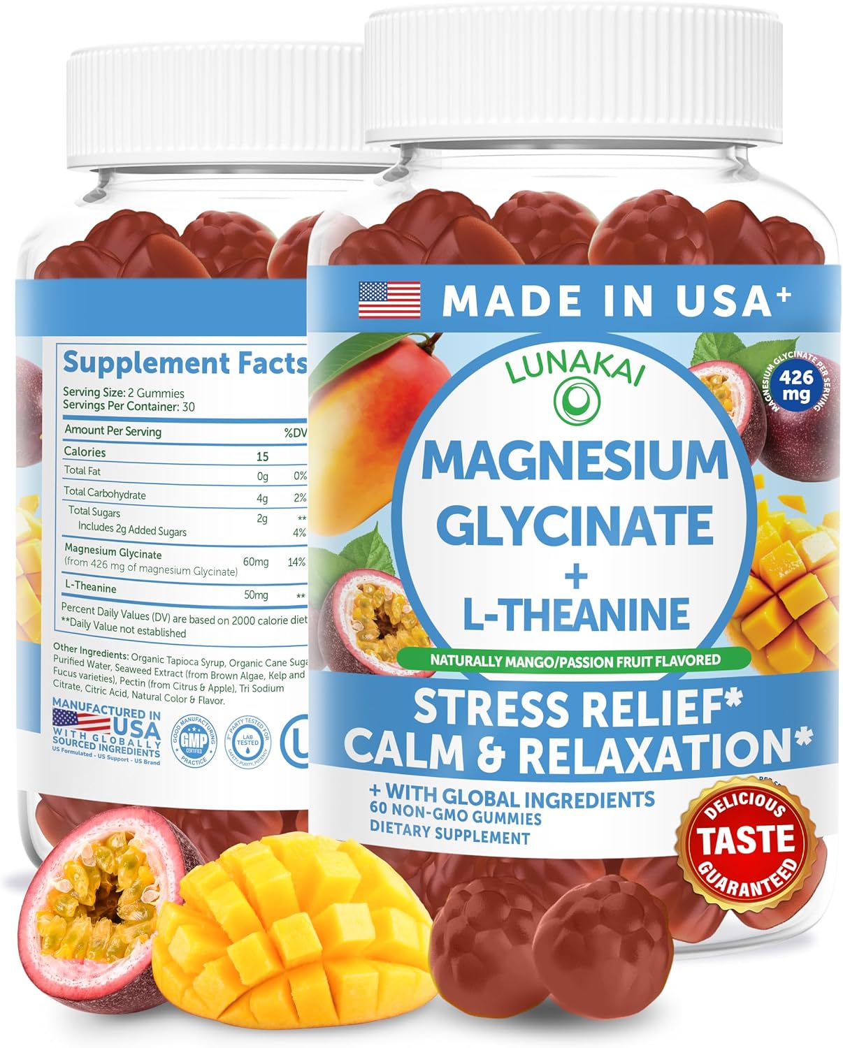 Lunakai USA Made Magnesium Glycinate Gummies with L-Theanine for Kids & Adults – 420mg Magnesium Supplement for Calm, Sleep & Stress Support, 60ct