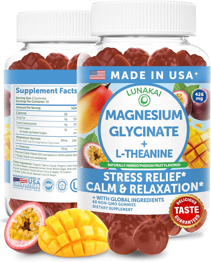 Lunakai USA Made Magnesium Glycinate Gummies with L-Theanine for Kids & Adults – 420mg Magnesium Supplement for Calm, Sleep & Stress Support, 60ct