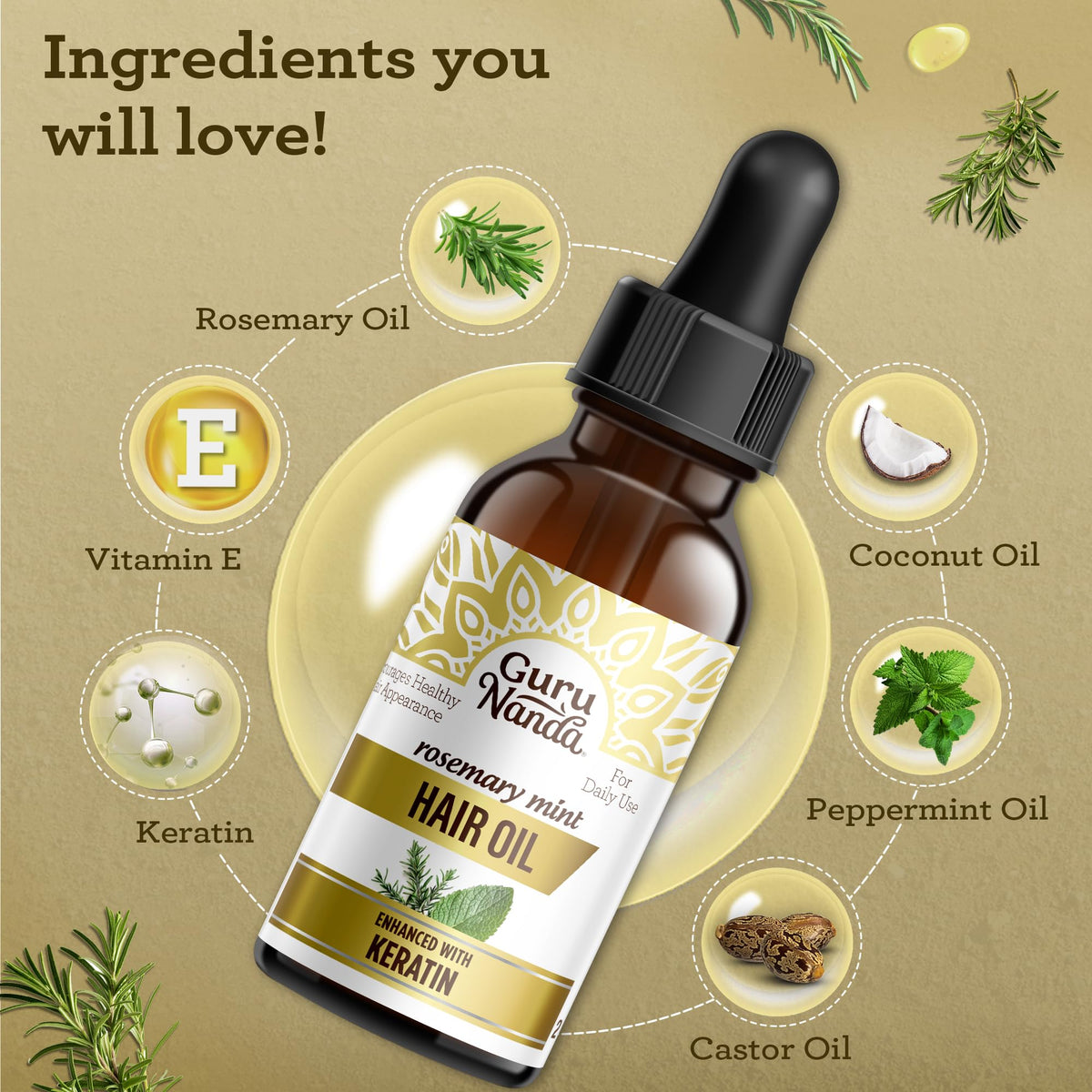 GuruNanda Rosemary Mint for Hair Growth with Keratin & Vitamin E Oil - Encourages Scalp, Shine & Hair Strengthening- 100% Natural, Cruelty-Free, 8oz