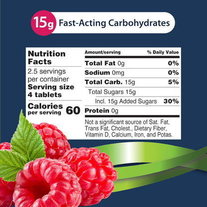 TRUEplus Glucose Tablets, Raspberry Flavor, 10 Count, 6 Tubes | Chewable Tablets, 15g Fast-Acting Carbohydrates, Fat Free, Gluten Free, Boosts Energy, Great Tasting and Easy to Use
