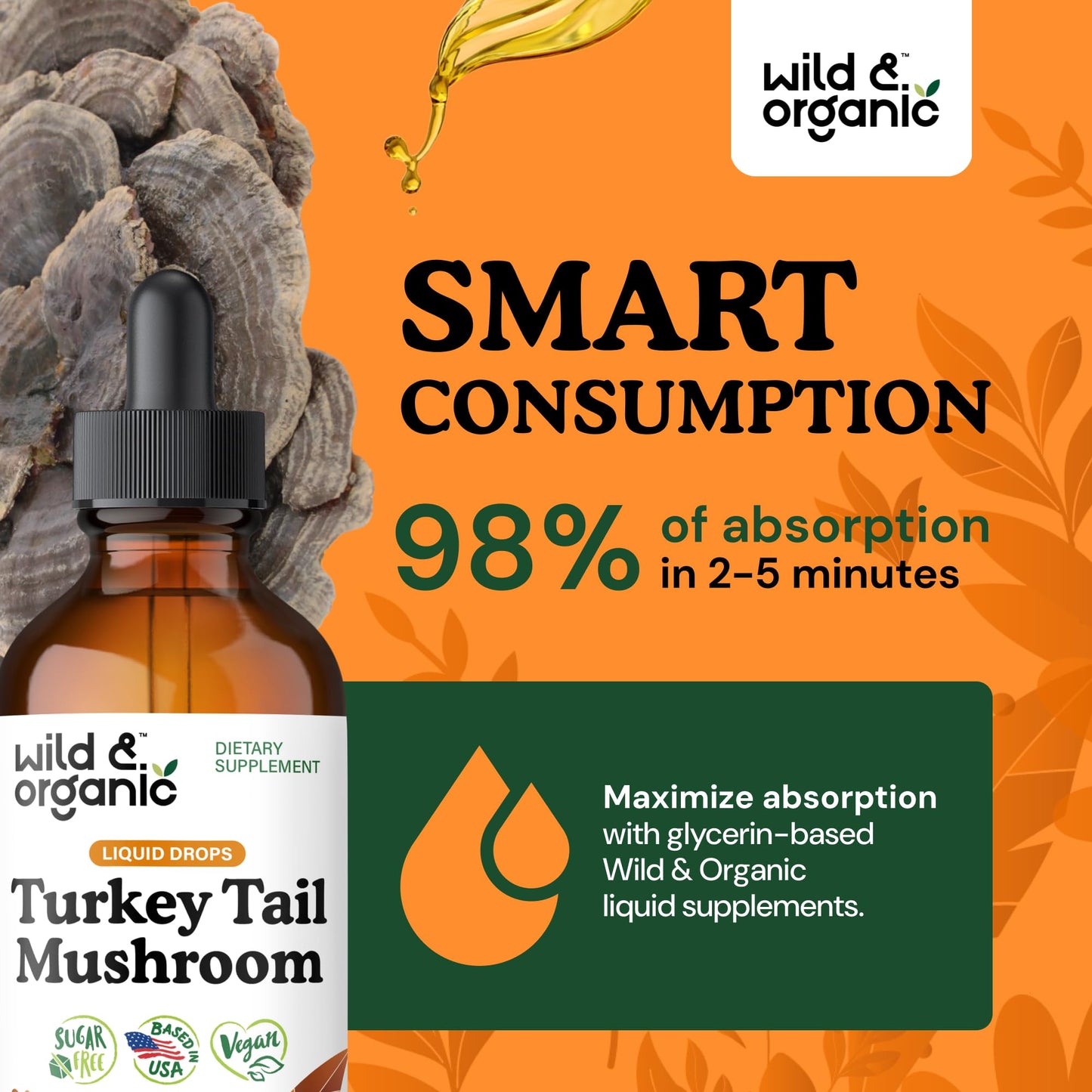Wild & Organic Turkey Tail Mushroom Tincture - Immune Support Drops with Turkey Tail Extract - Liquid Mushroom Supplement for Gut Support - Vegan, Sugar & Alcohol-Free - 4 fl oz