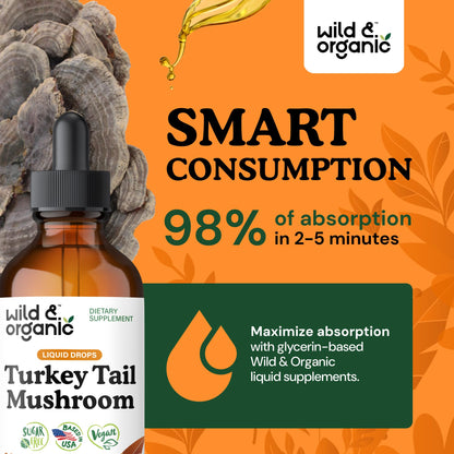 Wild & Organic Turkey Tail Mushroom Tincture - Immune Support Drops with Turkey Tail Extract - Liquid Mushroom Supplement for Gut Support - Vegan, Sugar & Alcohol-Free - 4 fl oz