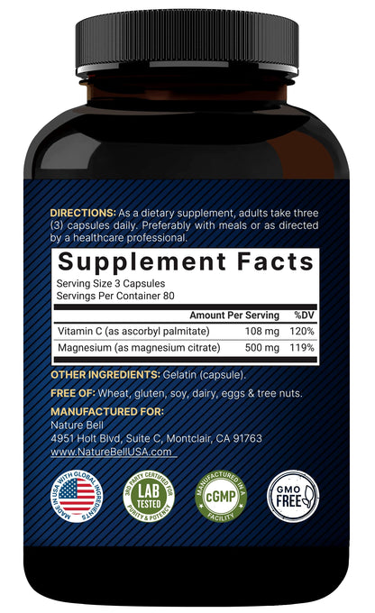 NatureBell Pure Magnesium Citrate 500mg per 3 Capsules Serving Size, 240 Capsules per Bottle | High-Purity Elemental Form | Non-GMO, Gluten-Free